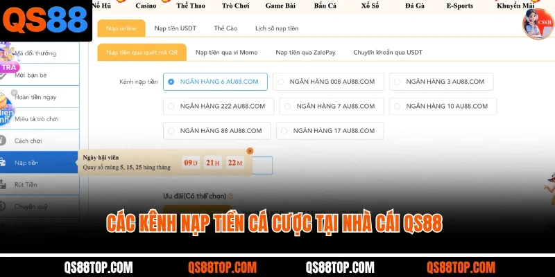 Các kênh nạp tiền cá cược tại nhà cái QS88 