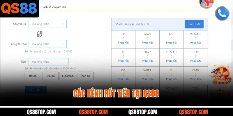 Các kênh rút tiền tại QS88